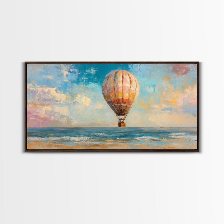 Hot Air Balloon Drifting Over Ocean Canvas Print, Coastal Wall Art, Travel Poster Style, Colorful Beach House Living Room Decor