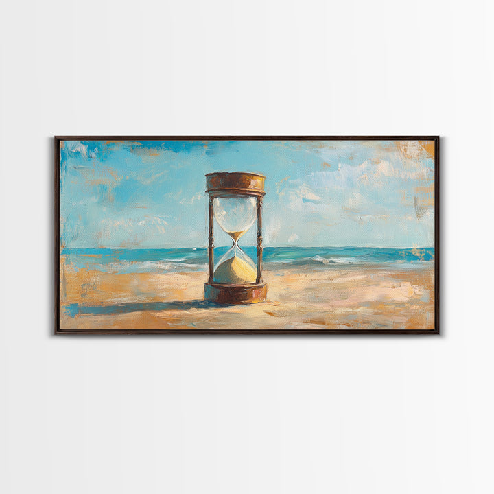 Hourglass In Sand By Turquoise Sea Canvas Print, Coastal Wall Art, Beach House Decor, Ocean Landscape, Summer Home Decor