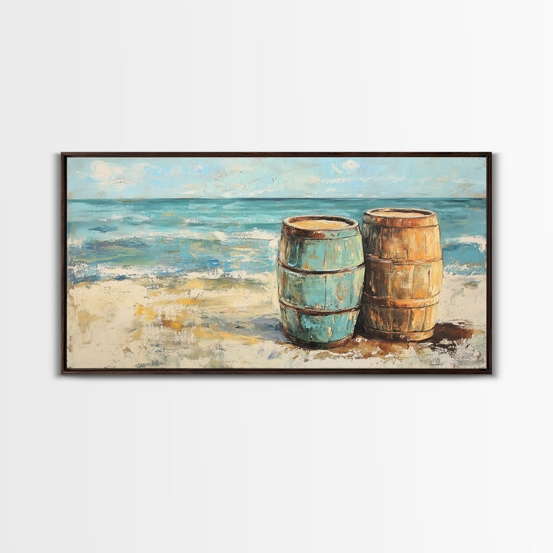 Weathered Barrels On Sandy Beach Wall Art, Coastal Canvas Print, Nautical Beach House Decor, Seascape Ocean Living Room Art