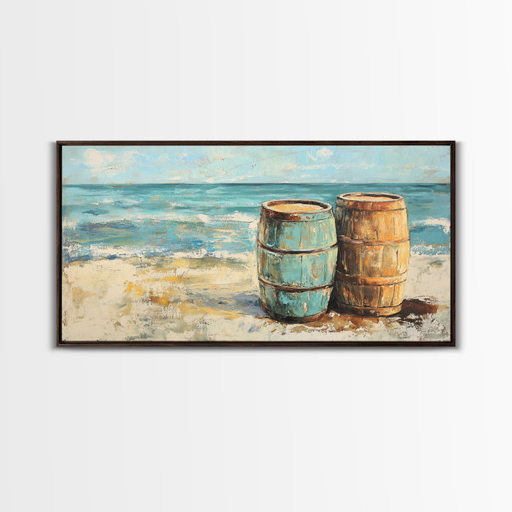 Weathered Barrels On Sandy Beach Wall Art, Coastal Canvas Print, Nautical Beach House Decor, Seascape Ocean Living Room Art