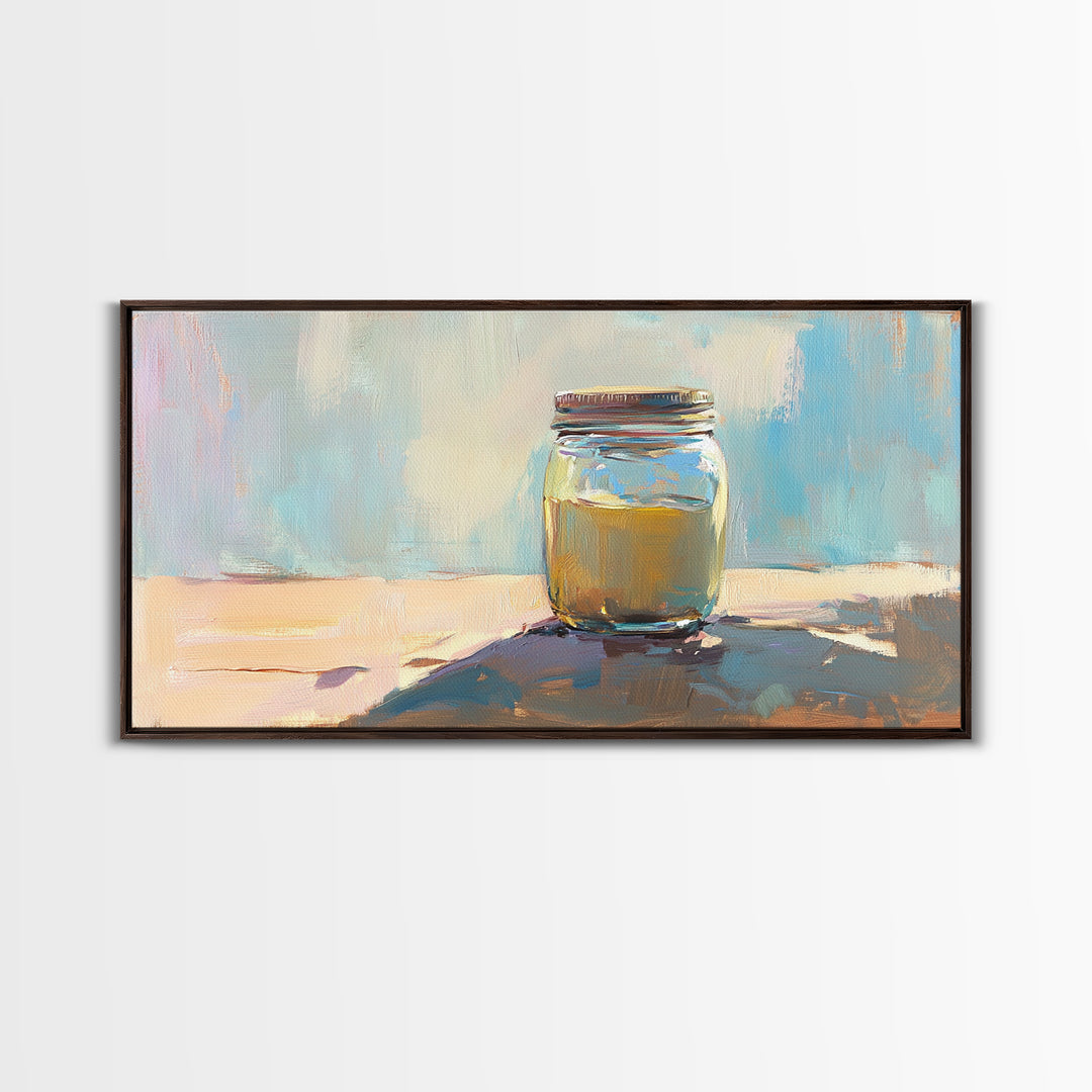 Sunlit Mason Jar Still Life Wall Art, Soft Blue Canvas Print For Kitchen Decor, Rustic Home Decor And Housewarming Gift Idea