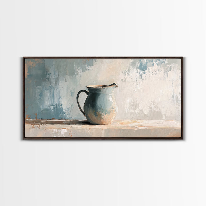 Blue Ceramic Pitcher Minimalist Still Life Wall Art, Neutral Canvas Print For Kitchen Decor, Farmhouse Decor And Office Decor