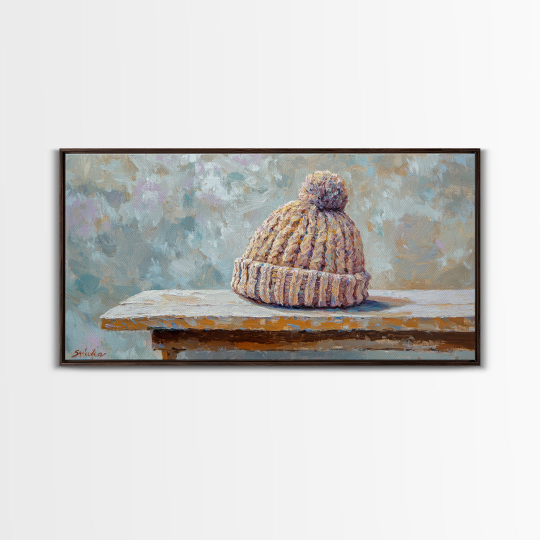 Cozy Knit Beanie Still Life Wall Art, Winter Cabin Decor, Rustic Canvas Print, Neutral Bedroom Art, Gift For Her, Housewarming Gift
