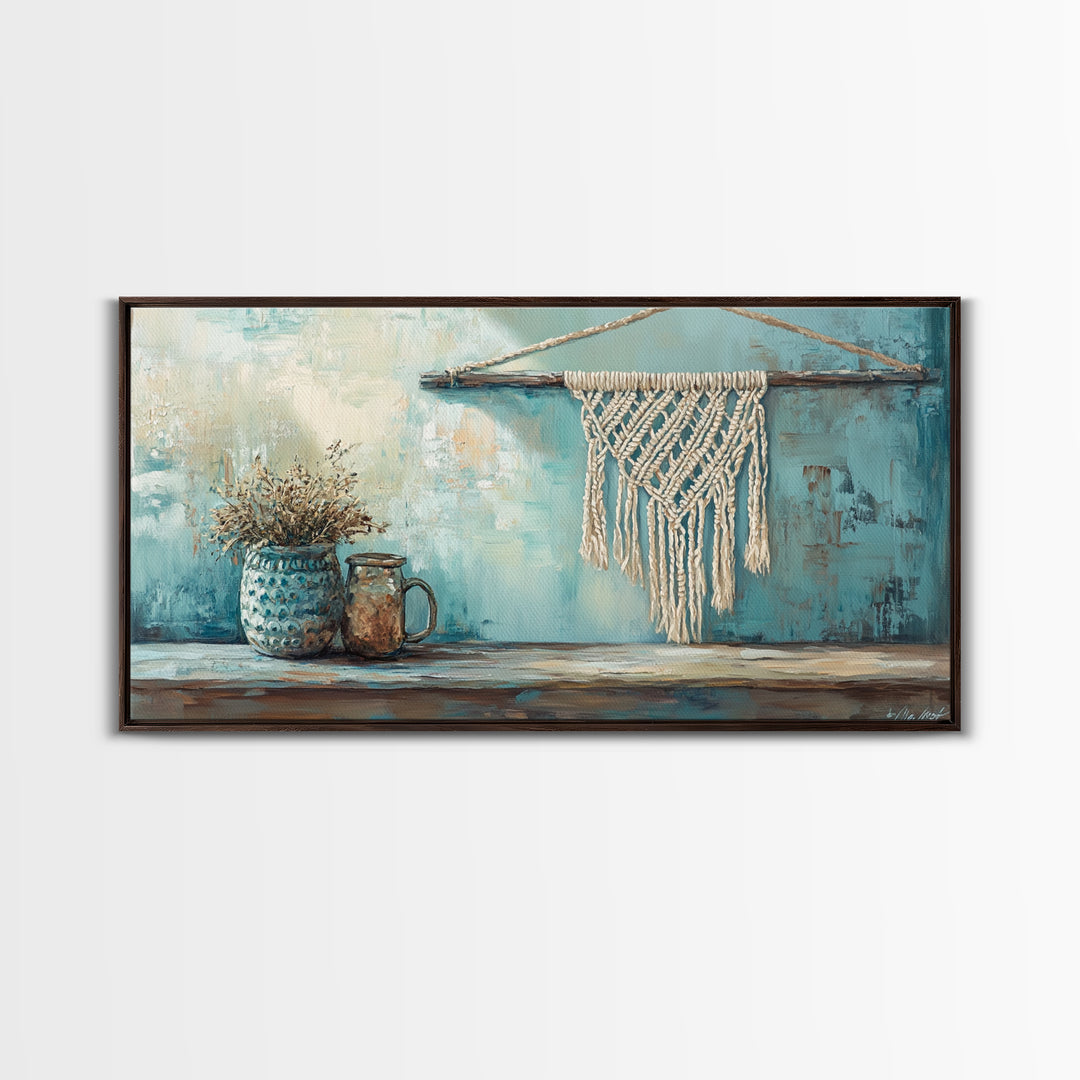 Macrame Hanging And Dried Flowers Framed Canvas Print, Boho Wall Art, Rustic Home Decor, Neutral Living Room Decor, Housewarming Gift