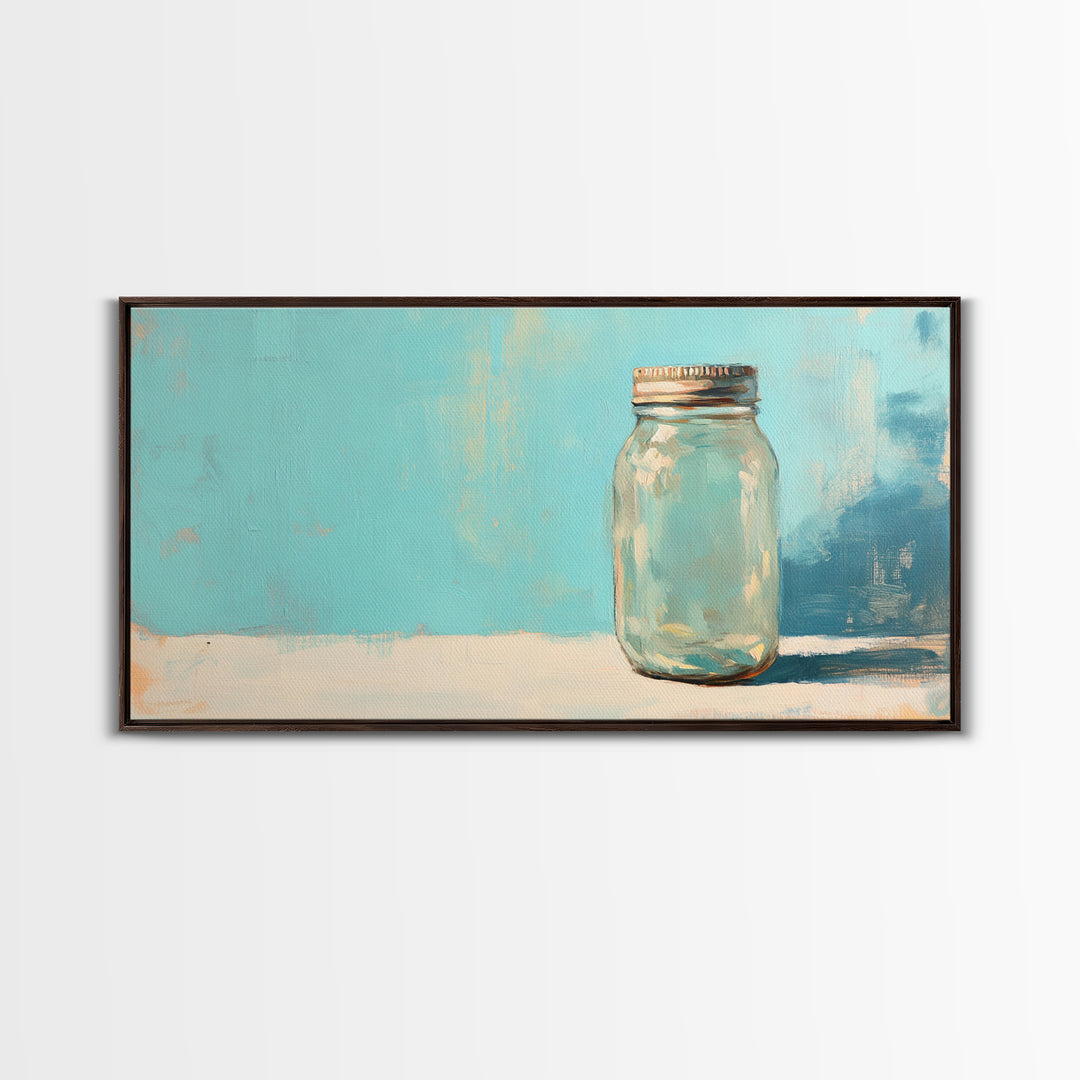 Single Mason Jar On Turquoise Background Wall Art, Minimalist Kitchen Print, Farmhouse Decor, Rustic Home Decor, Gift For Her