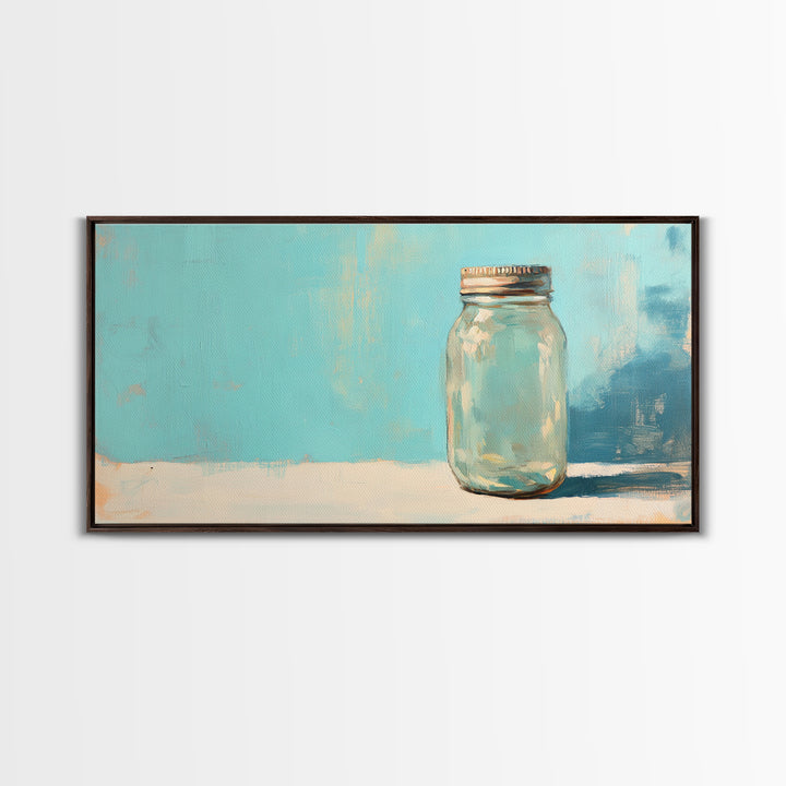 Single Mason Jar On Turquoise Background Wall Art, Minimalist Kitchen Print, Farmhouse Decor, Rustic Home Decor, Gift For Her