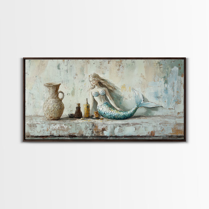 Rustic Mermaid Shelf Still Life Canvas Print, Coastal Wall Art, Beach House Decor, Nautical Bathroom Decor, Gift For Her