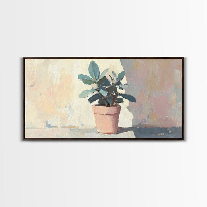 Potted Plant In Pink Pot Framed Canvas Print, Botanical Wall Art, Sage Green Decor, Modern Farmhouse Home Decor Gift Idea