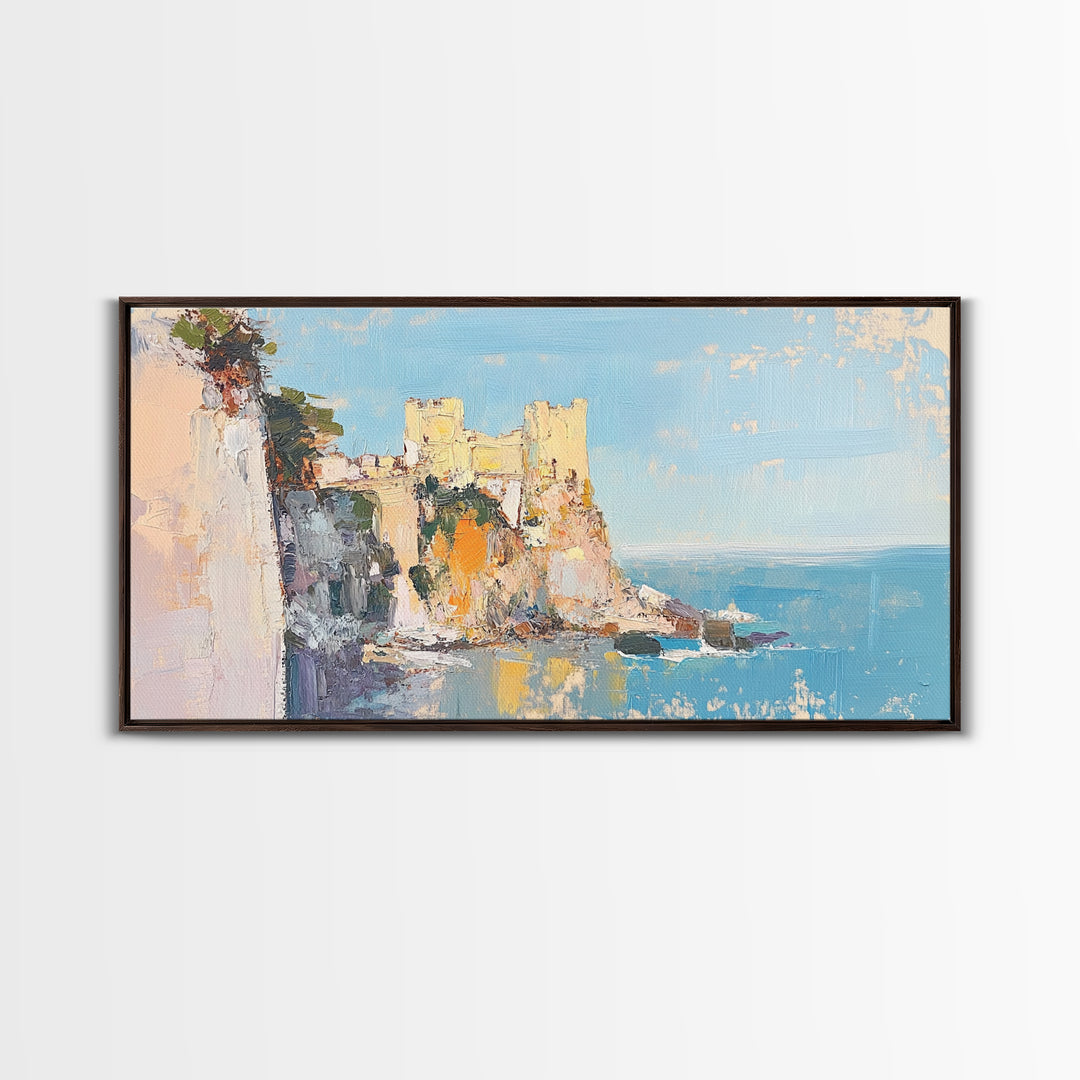 Sunlit Coastal Castle By Blue Sea Canvas Print, Mediterranean Wall Art, Italy Coast Decor, Seascape Painting, Travel Gift