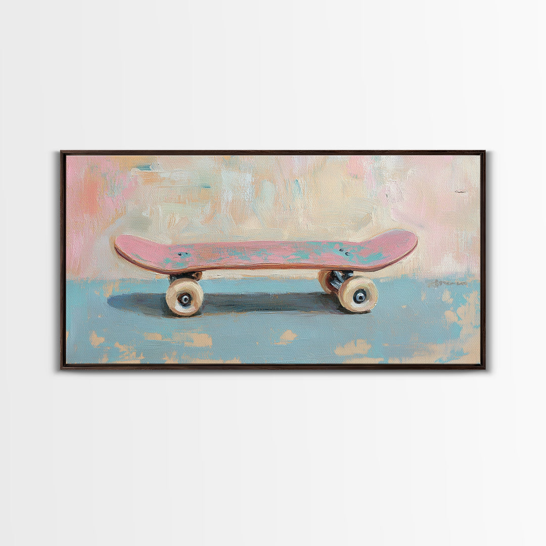 Pink Skateboard On Blue Wall Framed Canvas Print, Retro Wall Art, Teen Room Decor, Preppy Wall Art, Dopamine Decor Gift Idea