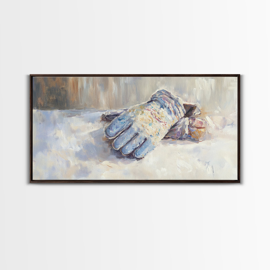 Snowy Blue Winter Glove Oil Painting Wall Art, Rustic Cabin Decor, Neutral Home Decor, Cozy Bedroom Art, Housewarming Gift