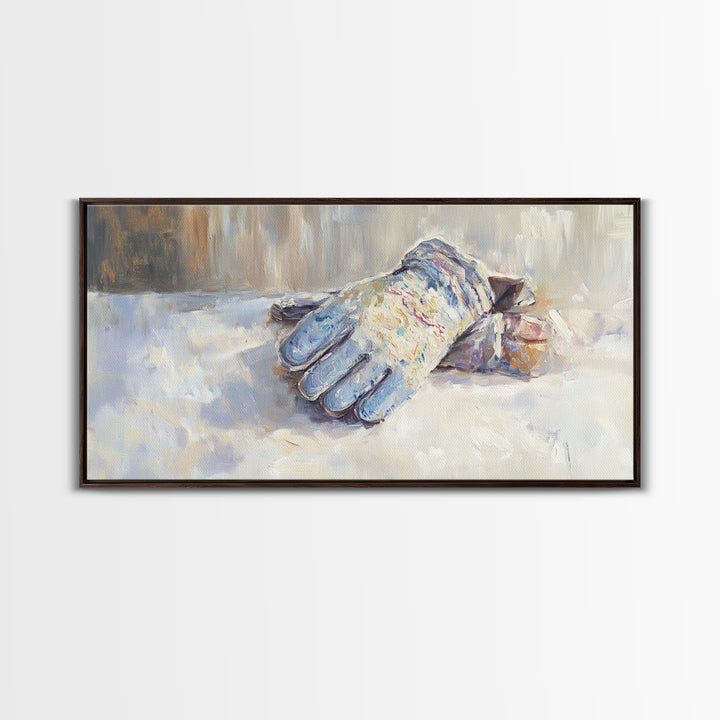 Snowy Blue Winter Glove Oil Painting Wall Art, Rustic Cabin Decor, Neutral Home Decor, Cozy Bedroom Art, Housewarming Gift