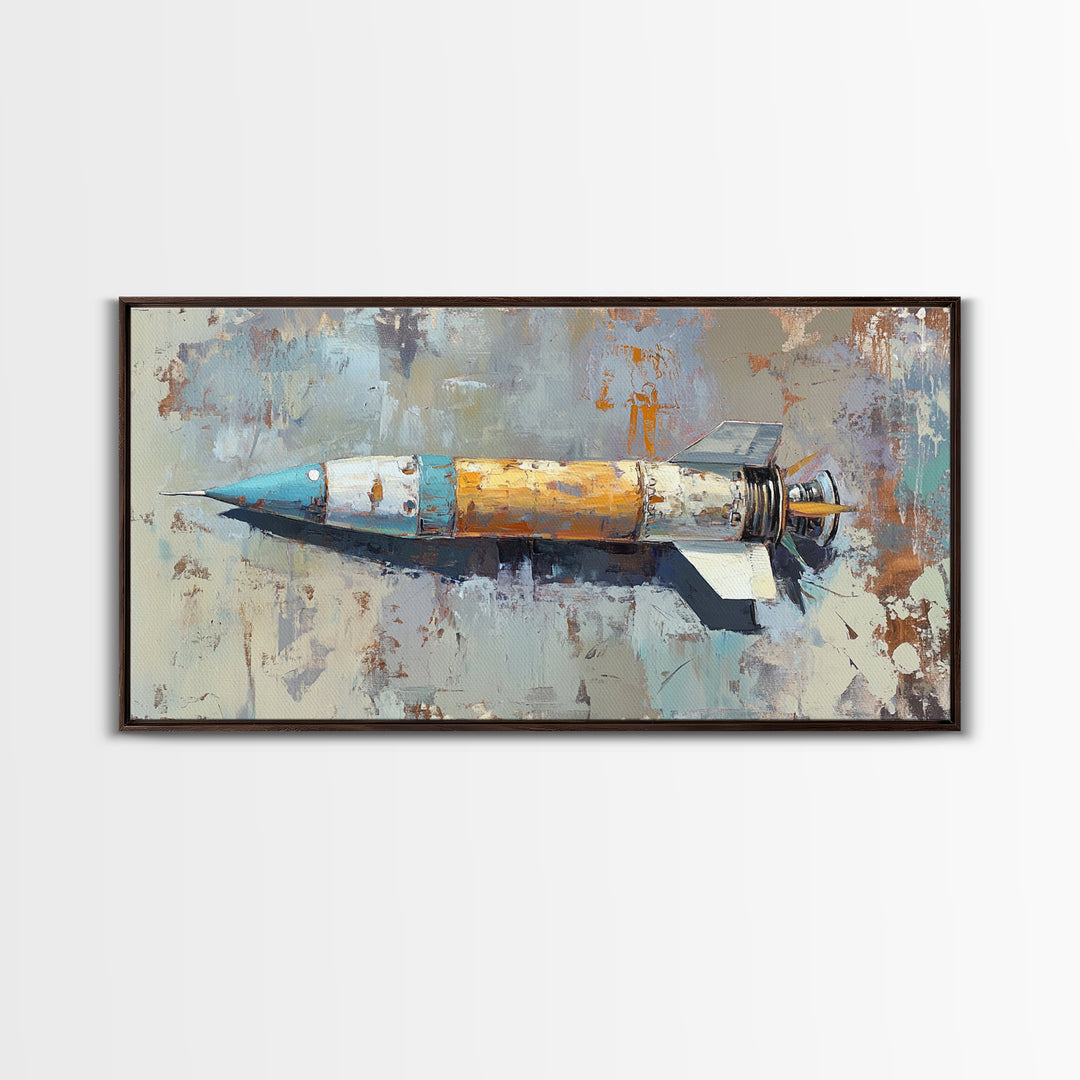 Retro Rocket Ship Oil Painting Wall Art, Space Lover Gift, Sci Fi Wall Decor, Industrial Art Print, Futuristic Home Decor