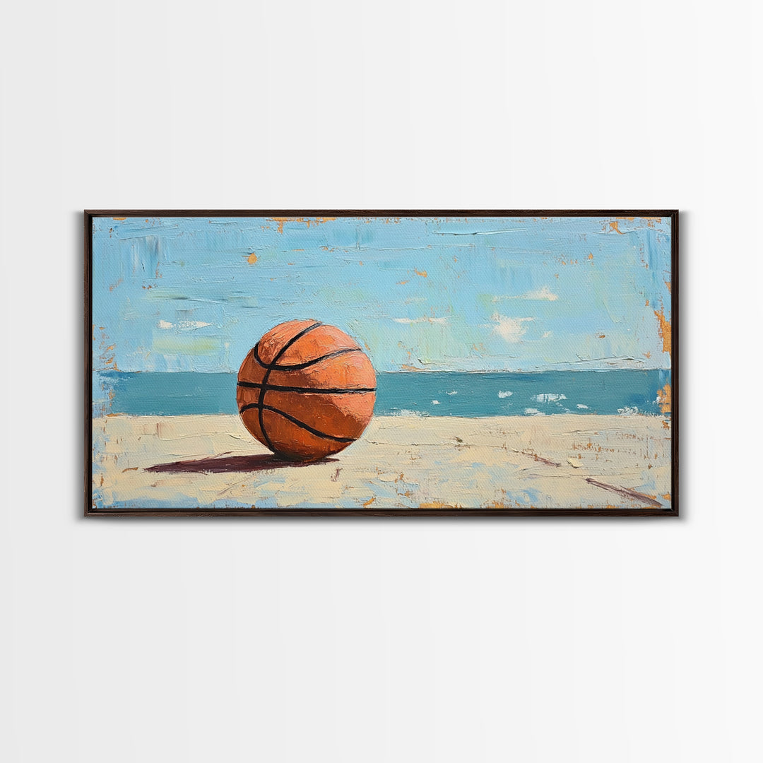 Basketball On Sandy Beach Canvas Print, Coastal Wall Art, Boys Room Decor, Sports Poster, Ocean Wall Decor, Gift For Him