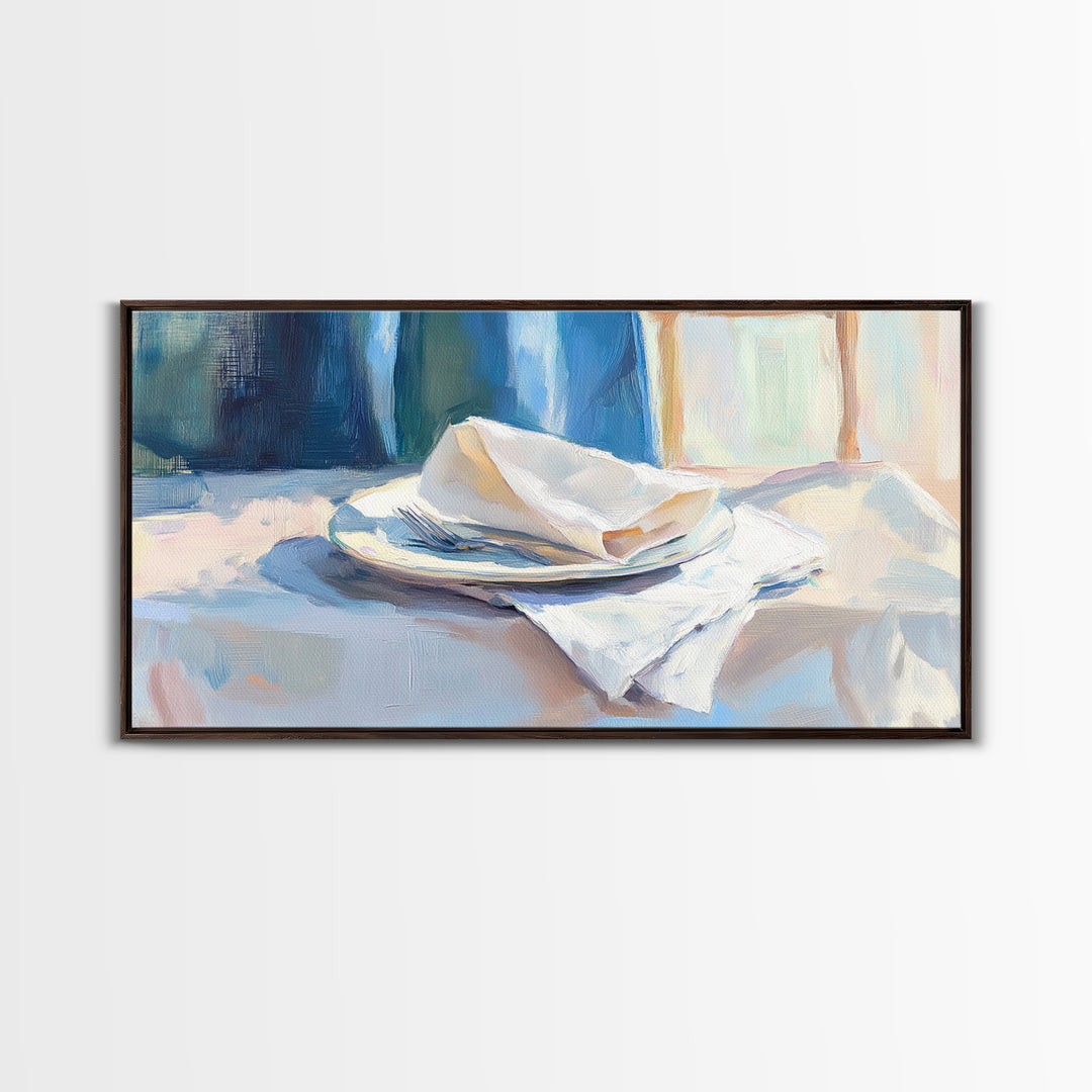 Blue Linen Plate Still Life Wall Art, Dining Room Print, Kitchen Decor, Modern Farmhouse Canvas, Neutral Home Decor, Housewarming Gift
