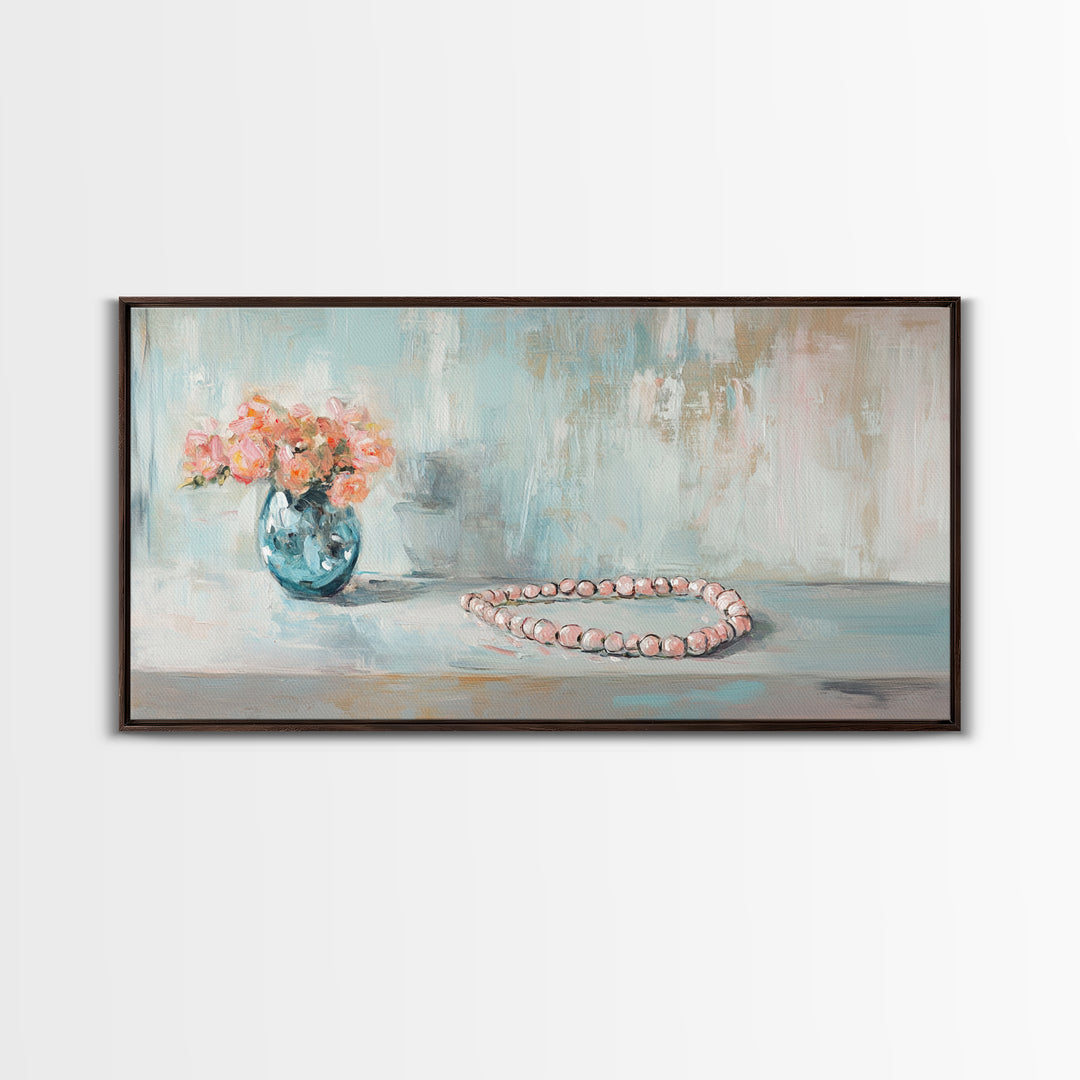 Pink Flowers And Pearl Necklace Framed Canvas Print, Feminine Wall Art, Romantic Bedroom Decor, Gift For Her, Soft Pastel Art