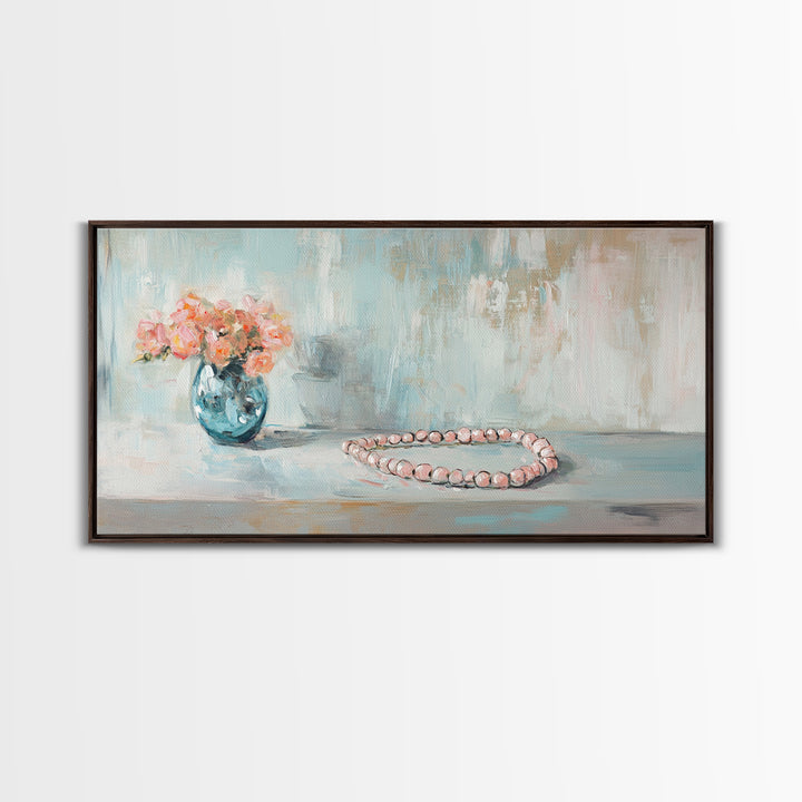 Pink Flowers And Pearl Necklace Framed Canvas Print, Feminine Wall Art, Romantic Bedroom Decor, Gift For Her, Soft Pastel Art