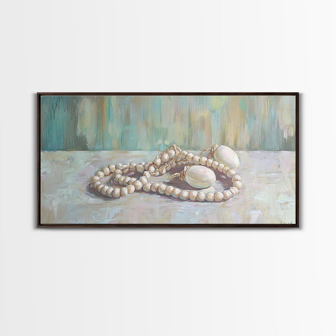 White Pearl Necklace Still Life Wall Art, Feminine Coastal Decor, Elegant Bathroom Art, Romantic Bedroom Canvas Print, Gift For Her
