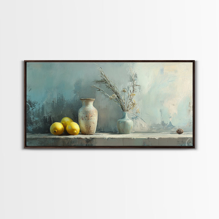 Lemons And Ceramic Vases Canvas Print, Rustic Kitchen Wall Art, French Country Decor, Neutral Still Life, Farmhouse Home Decor