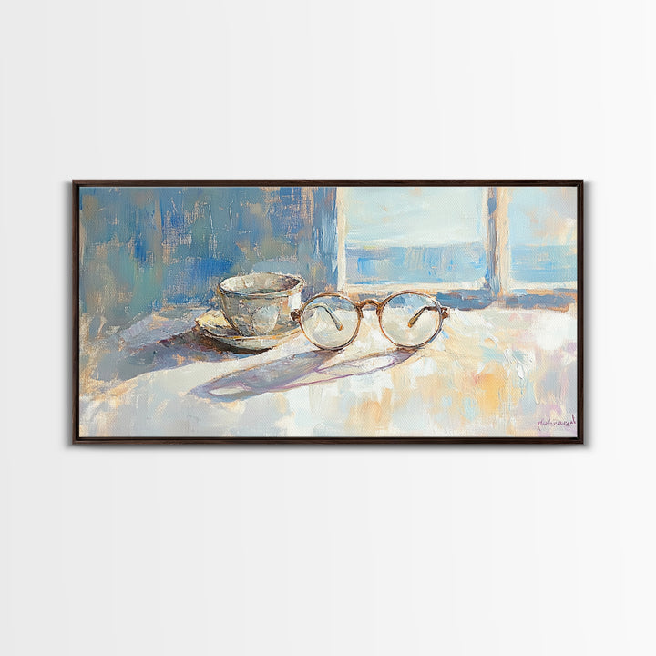 Eyeglasses And Teacup By Window Wall Art, Reading Nook Decor, Book Lover Gift, Cozy Office Canvas Print, Light Academia Decor