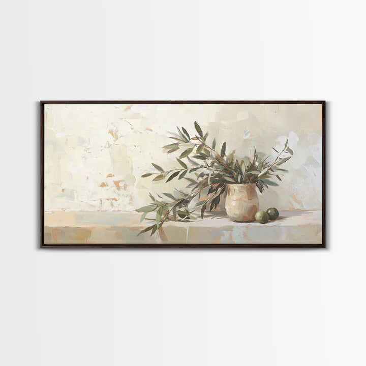 Olive Branches In Ceramic Vase Framed Canvas Print, Neutral Kitchen Decor, Botanical Wall Art, Mediterranean Home Decor Gift