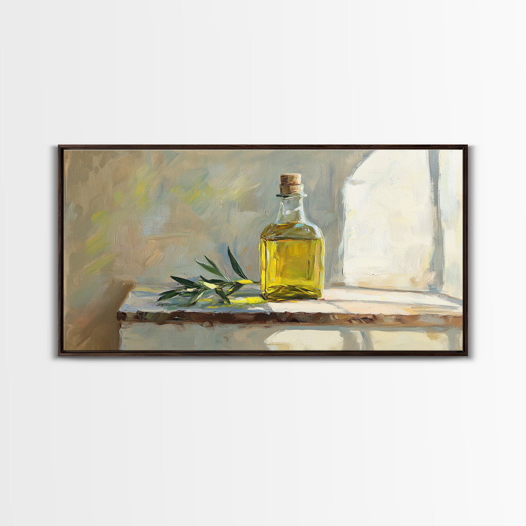 Sunlit Olive Oil Bottle On Rustic Shelf Canvas Print, Mediterranean Kitchen Wall Art, Still Life Painting, Fine Art Print