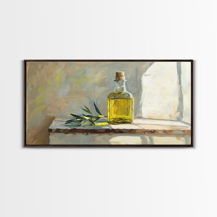 Sunlit Olive Oil Bottle On Rustic Shelf Canvas Print, Mediterranean Kitchen Wall Art, Still Life Painting, Fine Art Print