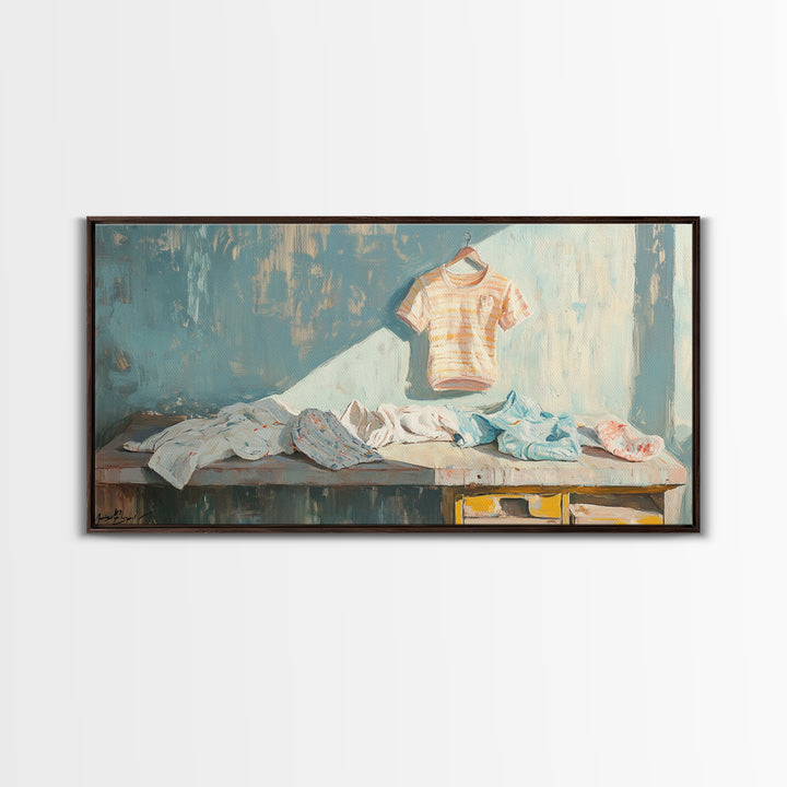 Sunlit Laundry Table With Baby Clothes Wall Art, Laundry Room Decor, Nursery Wall Art, Farmhouse Home Decor Canvas Print
