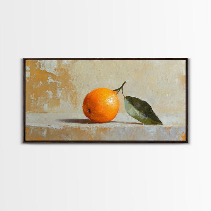 Single Orange With Glossy Green Leaf Canvas Print, Minimalist Kitchen Wall Art, Fruit Still Life, Modern Home Decor Gift