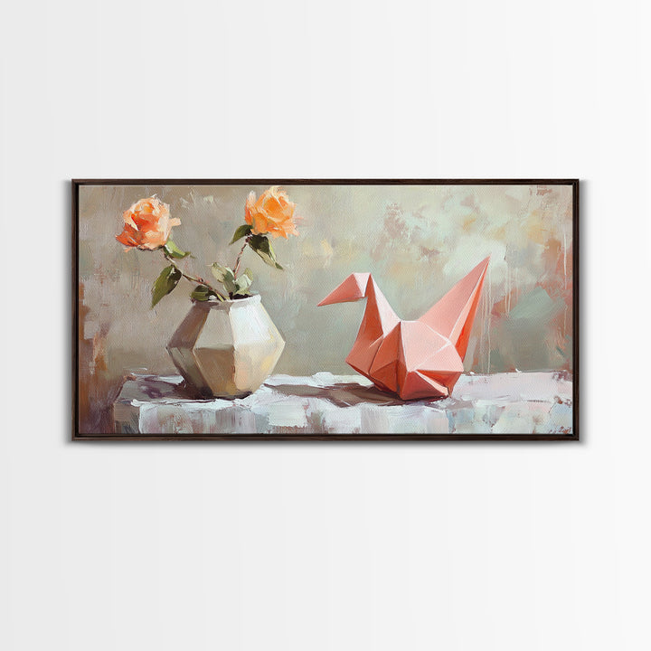 Pink Origami Fox With Peach Roses Wall Art, Whimsical Still Life Canvas Print, Girly Room Decor, Unique Gift For Her, Cute Prints