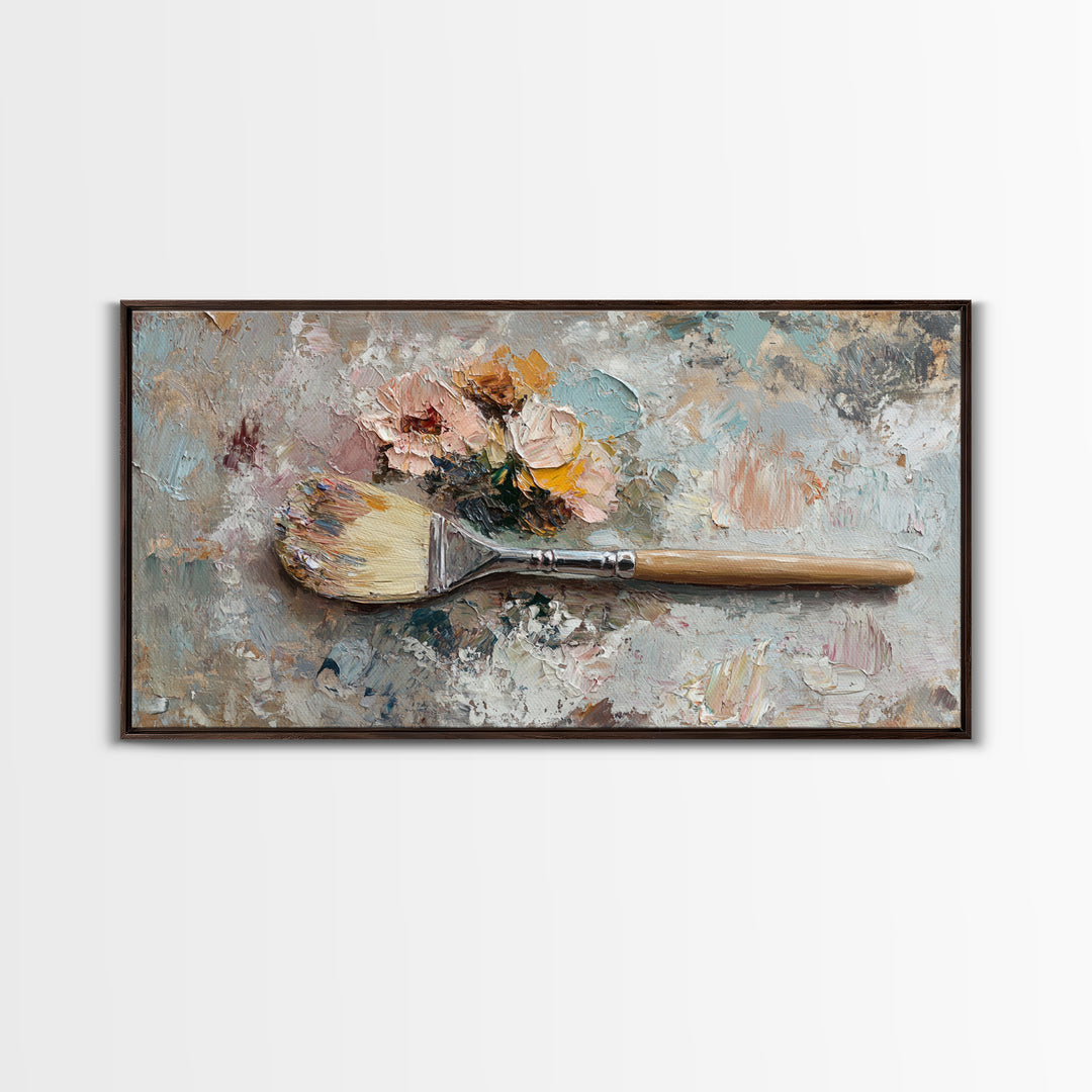 Palette Knife Paintbrush With Soft Roses Wall Art, Artist Studio Decor, Floral Still Life Canvas Print, Gift For Art Lover