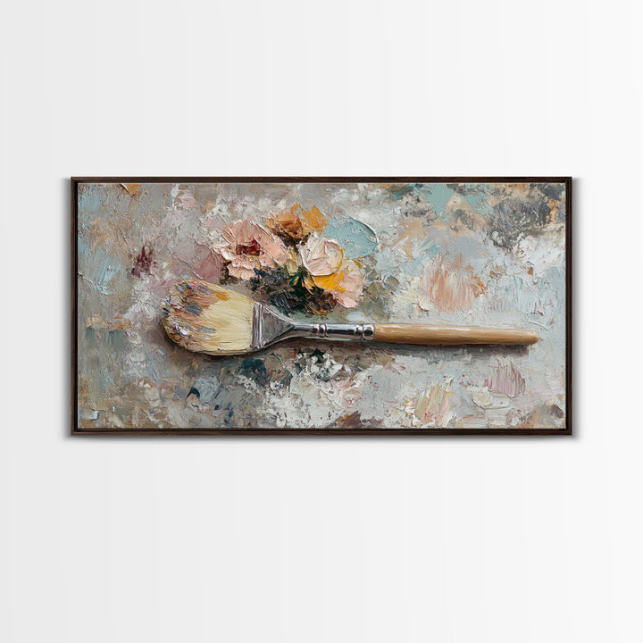 Palette Knife Paintbrush With Soft Roses Wall Art, Artist Studio Decor, Floral Still Life Canvas Print, Gift For Art Lover