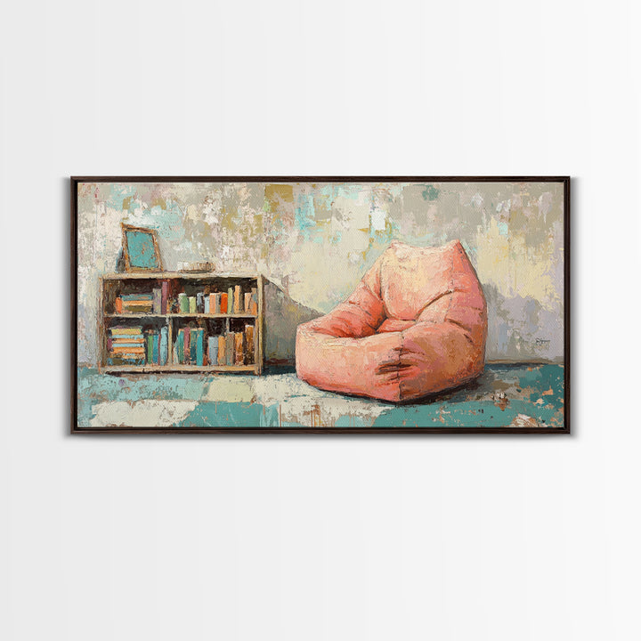 Cozy Pink Bean Bag Chair And Bookshelf Wall Art, Reading Nook Decor, Book Lover Art, Kids Room Canvas Print, Playroom Decor