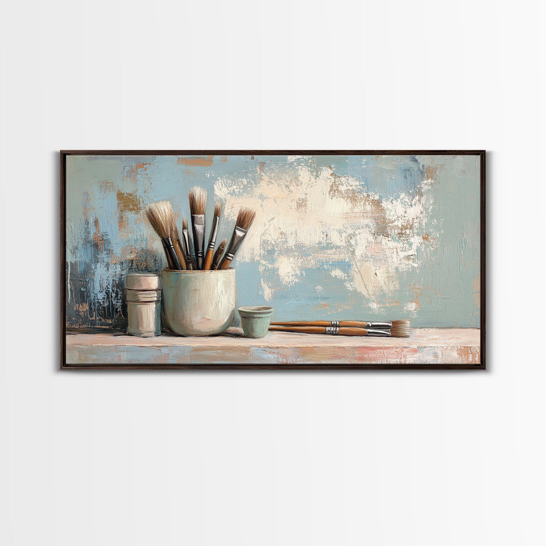 Artist Brushes In Ceramic Cup Canvas Print, Art Studio Wall Art, Creative Office Decor, Neutral Modern Home Decor Housewarming Gift