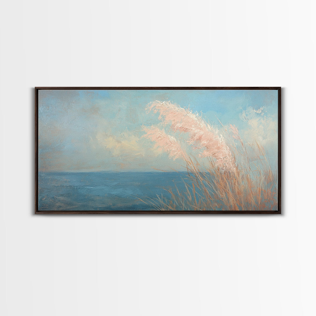Soft Pampas Grass By Blue Sea Wall Art, Coastal Canvas Print, Minimalist Beach House Decor, Serene Nature Wall Decor, For Bedroom