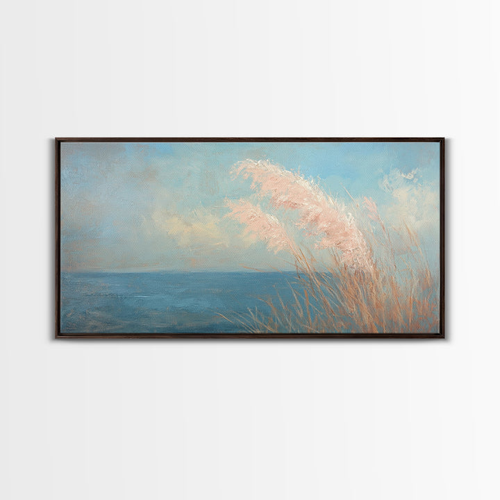 Soft Pampas Grass By Blue Sea Wall Art, Coastal Canvas Print, Minimalist Beach House Decor, Serene Nature Wall Decor, For Bedroom