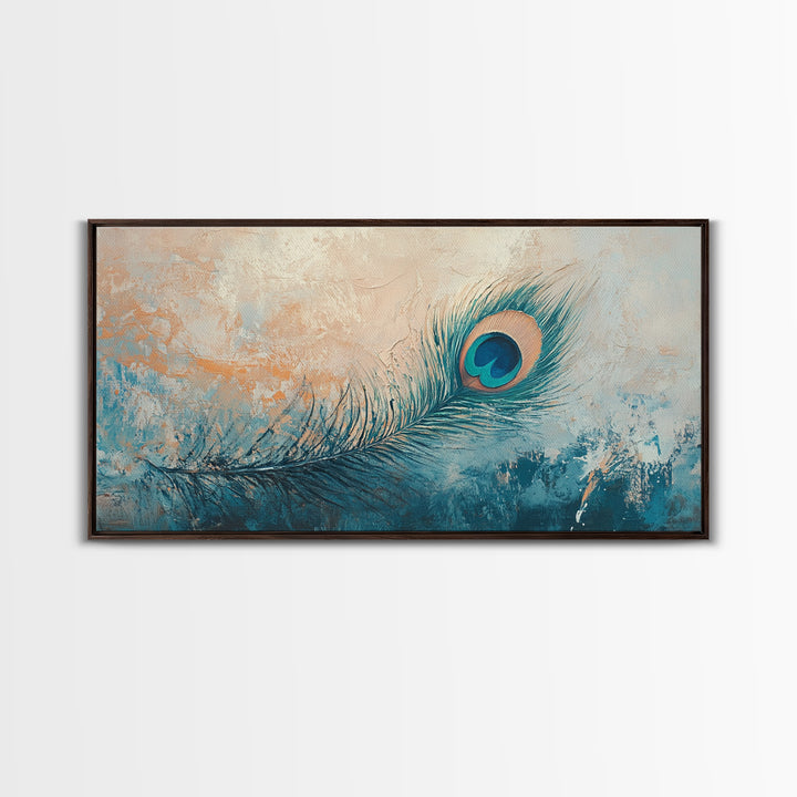 Teal Peacock Feather On Textured Beige Wall Art, Boho Canvas Print, Bird Lover Gift, Eclectic Coastal Home Decor, For Bedroom