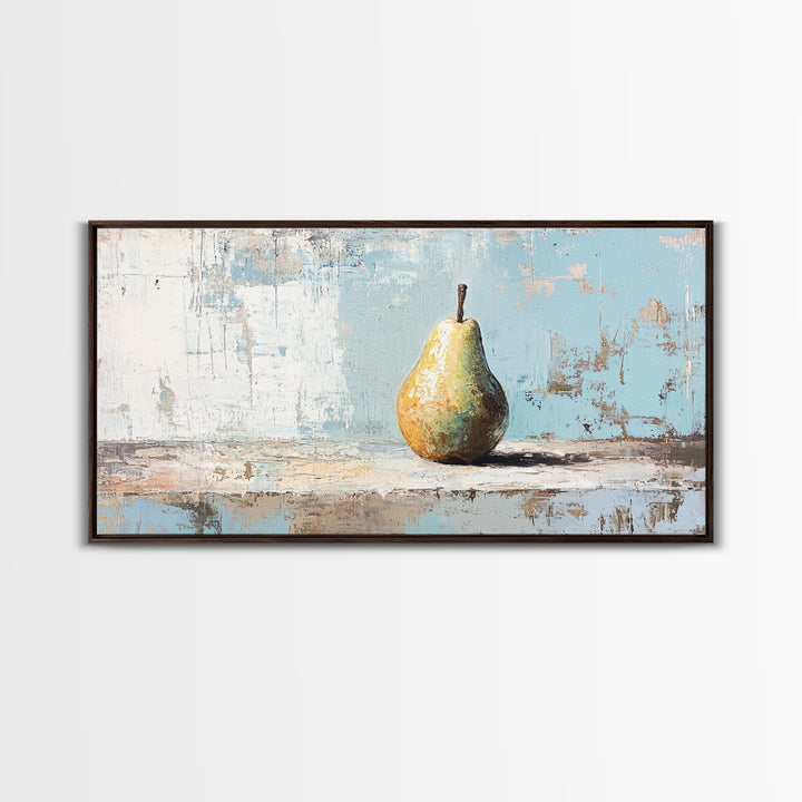 Golden Pear Still Life On Blue Rustic Canvas Print, Kitchen Wall Art, Farmhouse Fruit Decor, Neutral Home Decor, For Dining Room