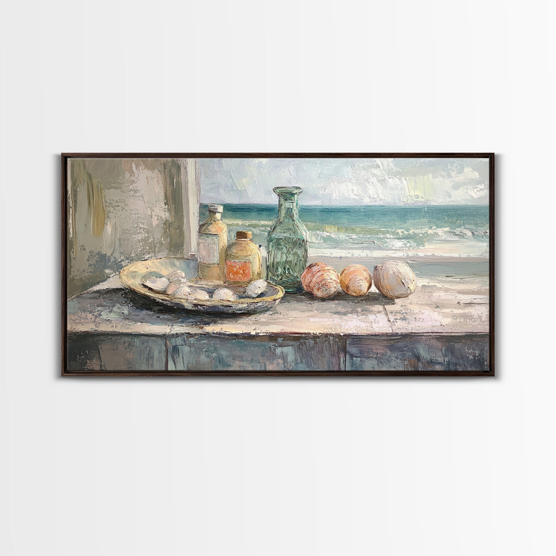 Seashells And Green Glass Bottle Canvas Print, Coastal Kitchen Wall Art, Beach House Decor, Nautical Still Life Fine Art Print