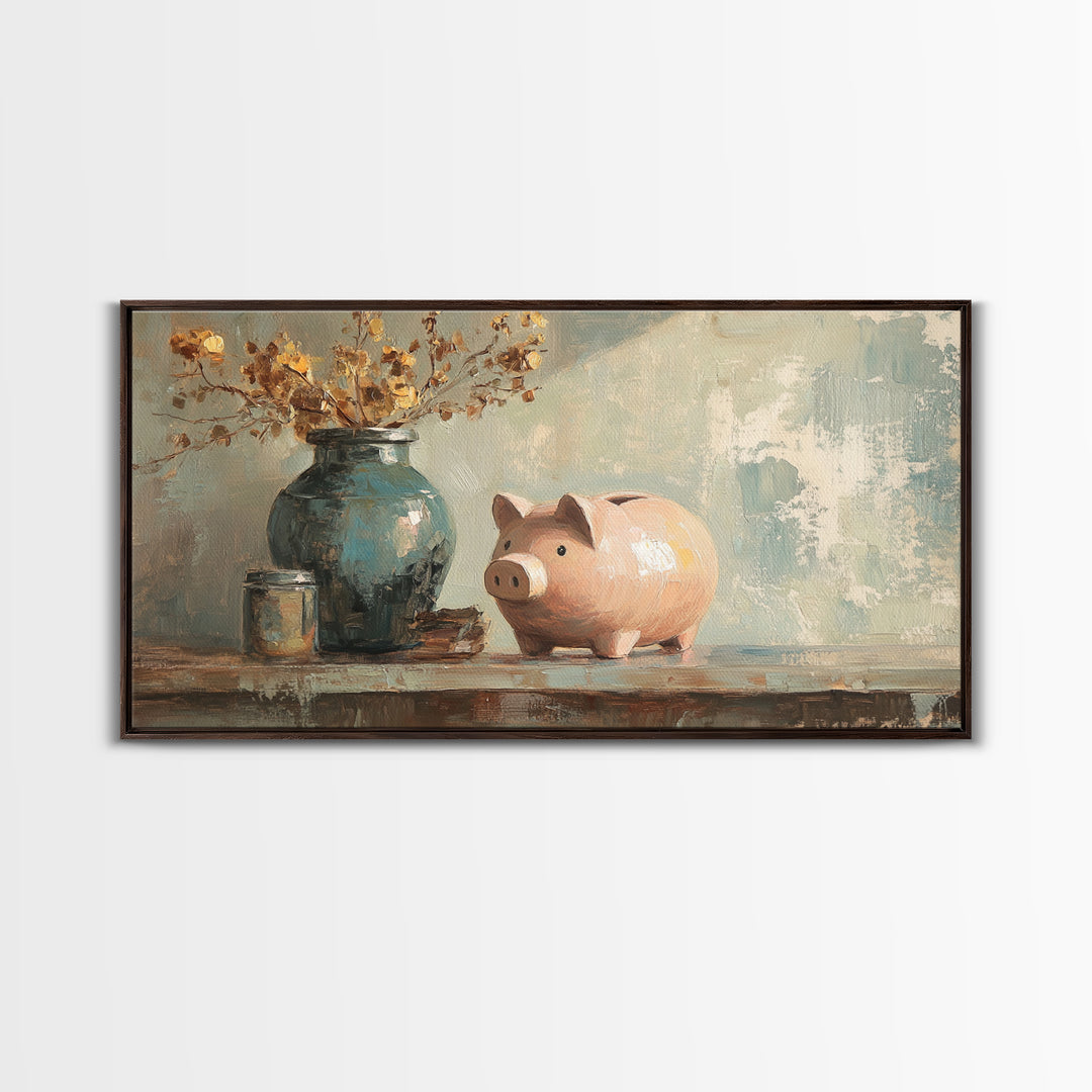 Pink Piggy Bank And Rustic Vase Wall Art, Whimsical Farmhouse Decor, Nursery Animal Canvas Print, Housewarming Gift, Gift For Her
