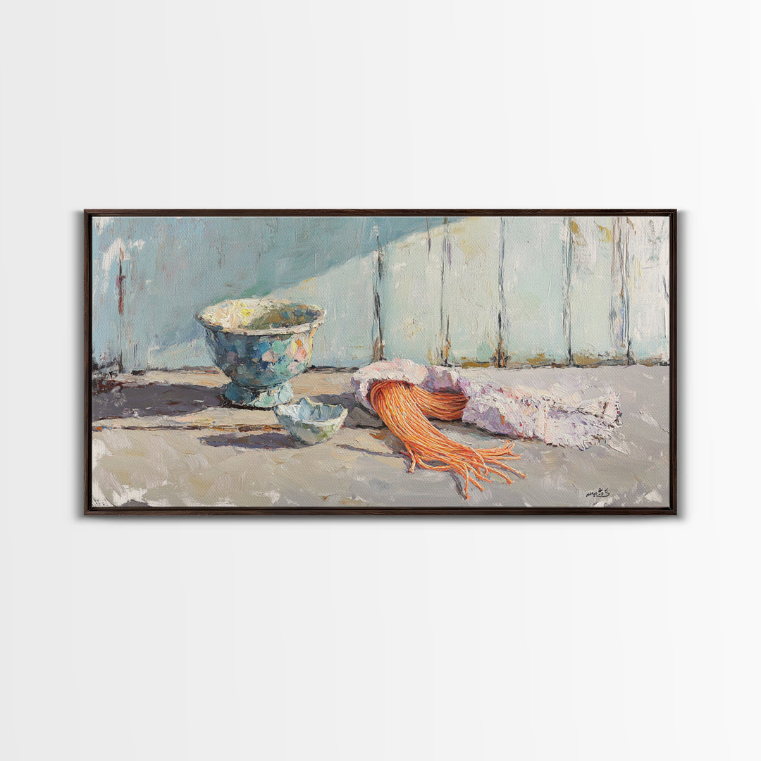 Coastal Bowl And Coral Still Life Wall Art, Textured Canvas Print For Beach House Decor And Ocean Nautical Living Room Decor