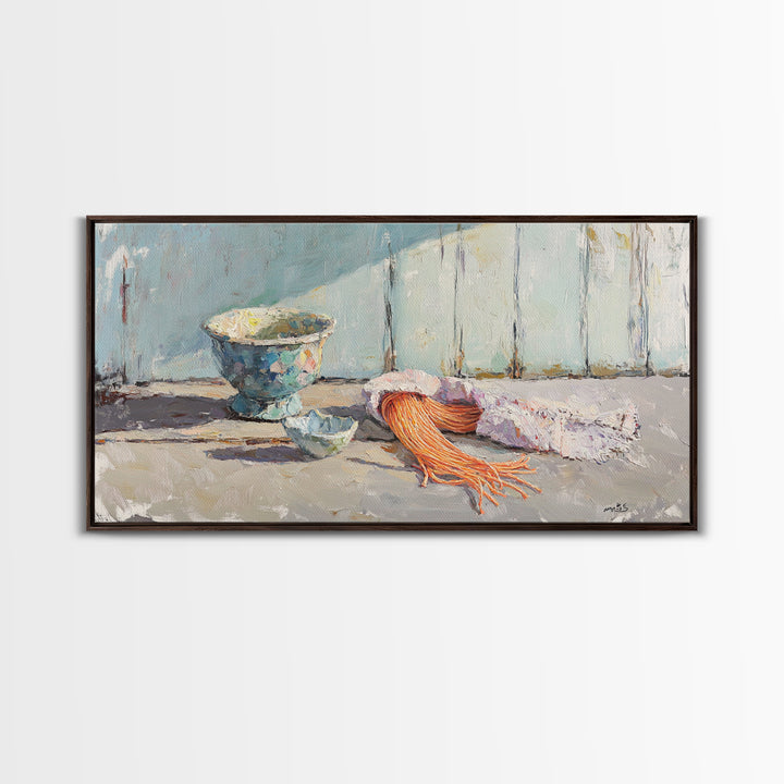 Coastal Bowl And Coral Still Life Wall Art, Textured Canvas Print For Beach House Decor And Ocean Nautical Living Room Decor