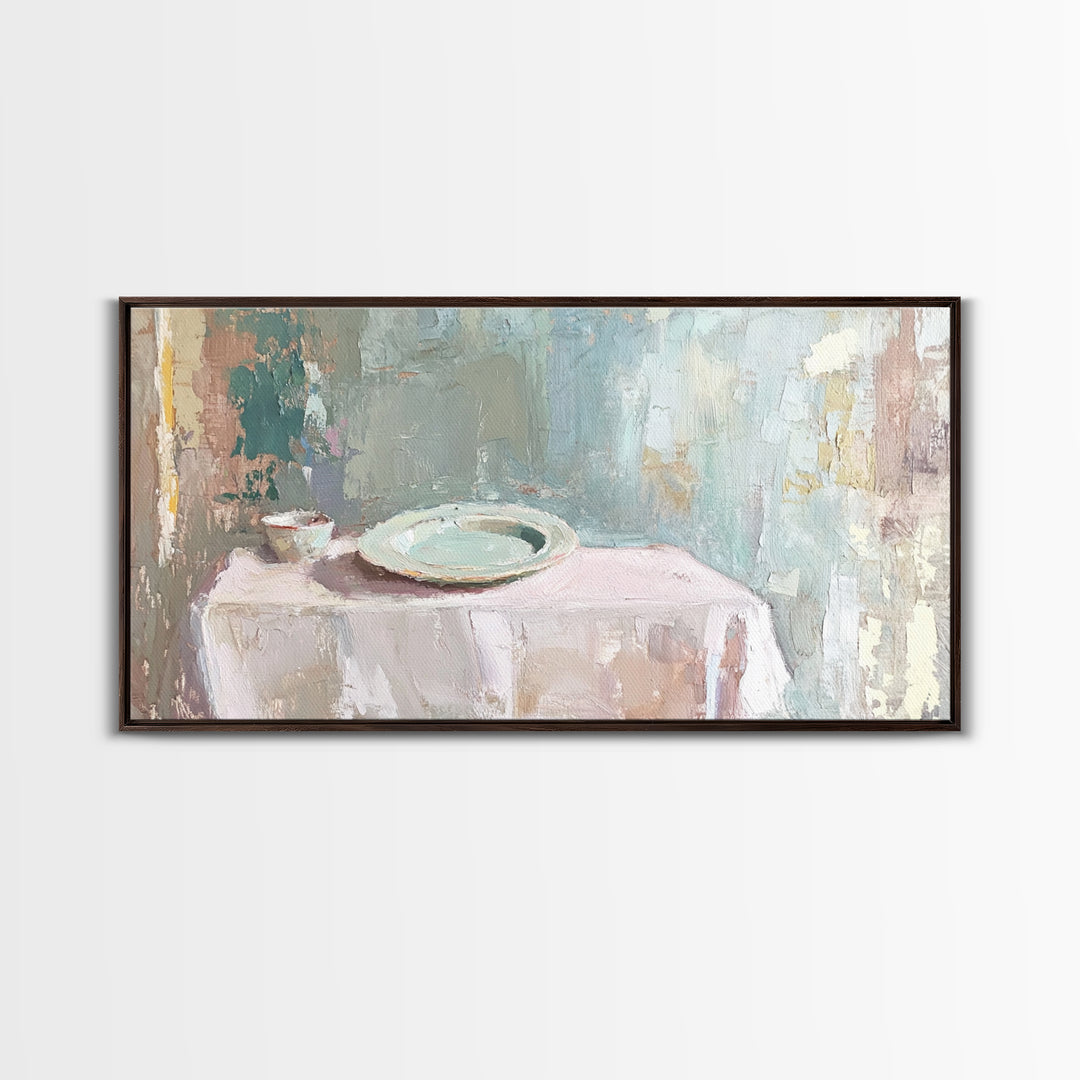 Pale Plate And Bowl Still Life Wall Art, Minimalist Kitchen Decor, Neutral Canvas Wall Art, Modern Dining Room Print, Home Decor
