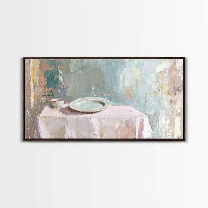Pale Plate And Bowl Still Life Wall Art, Minimalist Kitchen Decor, Neutral Canvas Wall Art, Modern Dining Room Print, Home Decor
