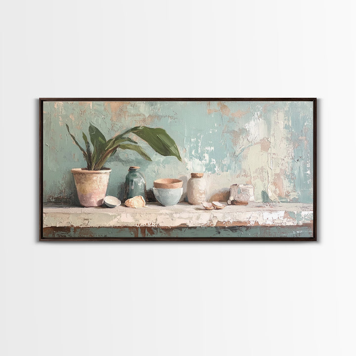 Potted Plant And Ceramic Bowl Canvas Print, Botanical Wall Art, Japandi Kitchen Decor, Neutral Home Decor For Living Room