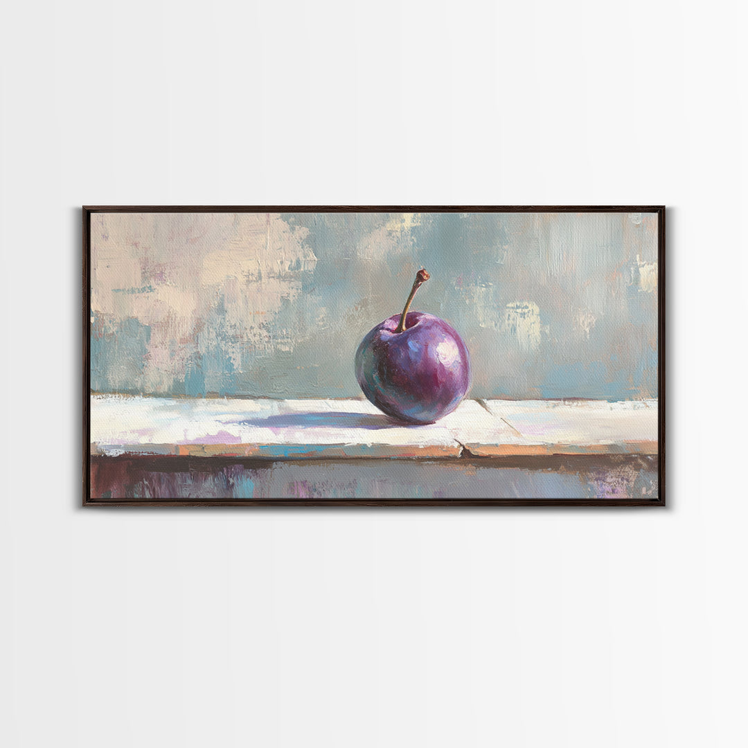 Single Purple Plum Still Life Canvas Print, Minimalist Kitchen Wall Art, Fruit Art Painting, Modern Rustic Home Decor Gift