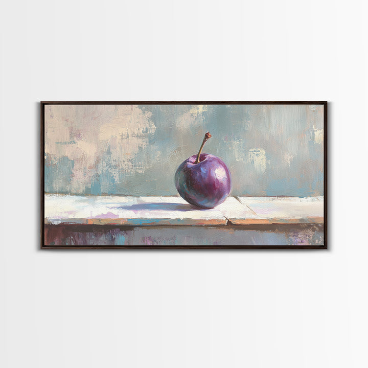 Single Purple Plum Still Life Canvas Print, Minimalist Kitchen Wall Art, Fruit Art Painting, Modern Rustic Home Decor Gift