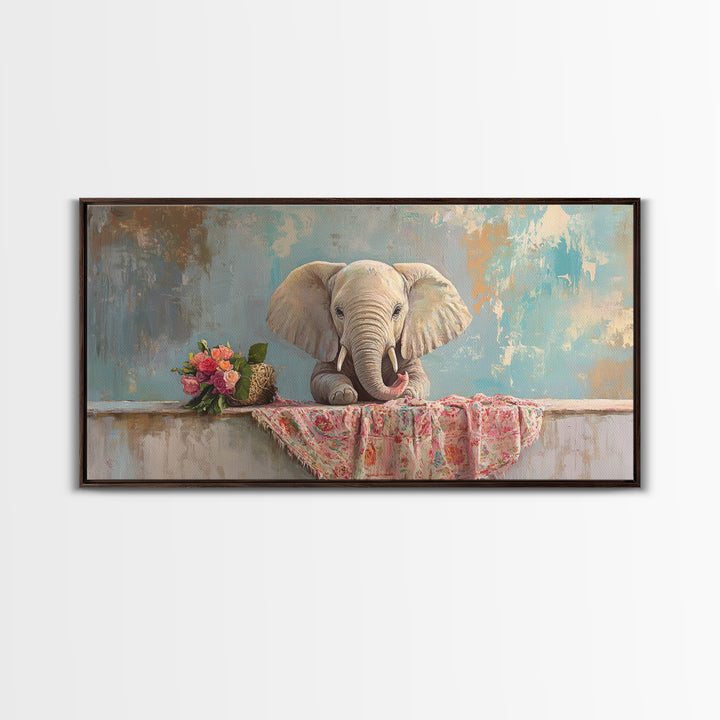 Baby Elephant With Flowers Framed Canvas Print, Safari Nursery Wall Art, Animal Wall Decor, Whimsical Kids Room Decor, Baby Shower Gift