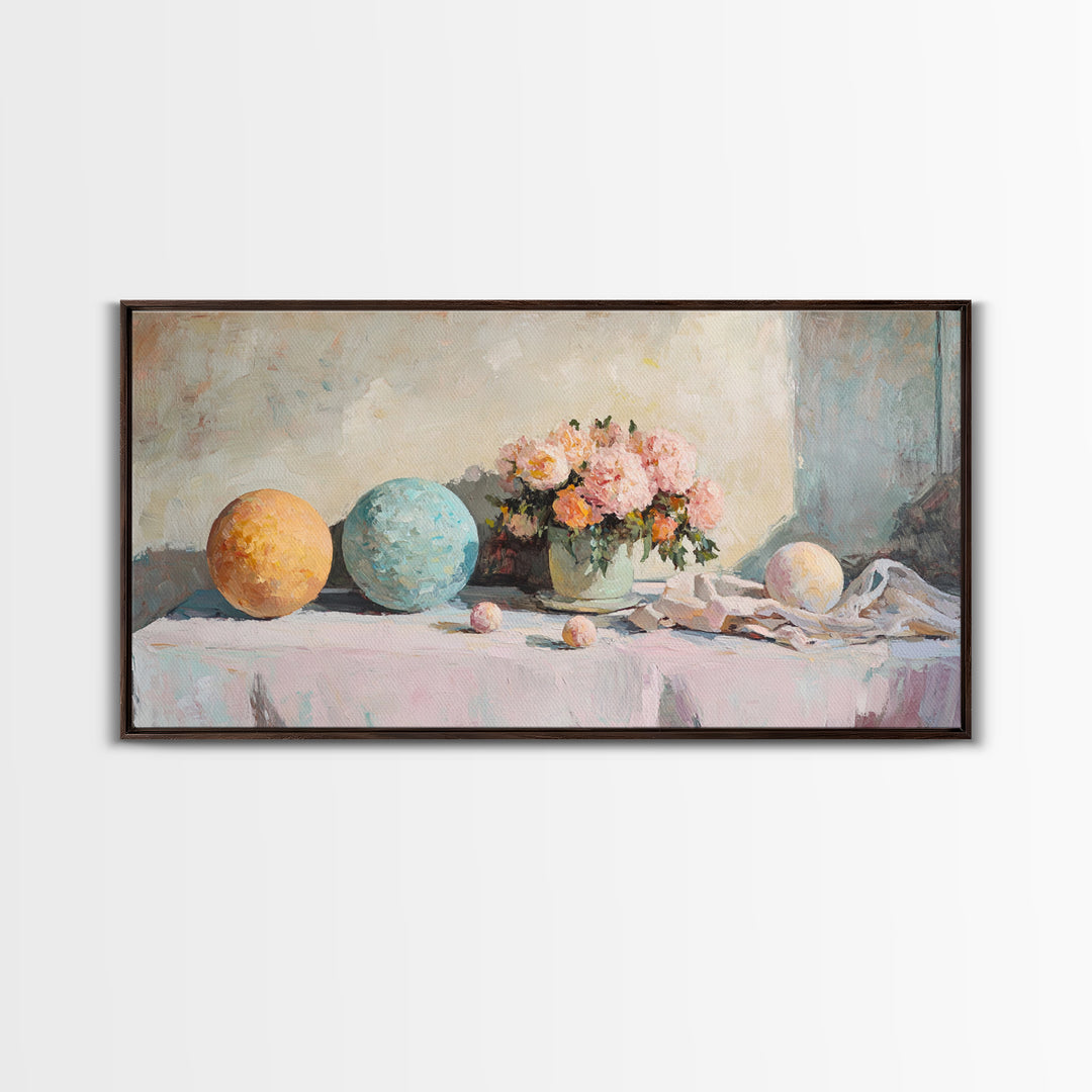 Pastel Orbs And Pink Flowers Canvas Print, Feminine Floral Wall Art, Dreamy Still Life Decor, Soft Bedroom Wall Decor For Her