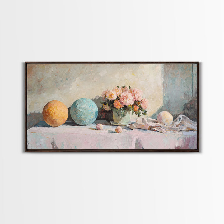 Pastel Orbs And Pink Flowers Canvas Print, Feminine Floral Wall Art, Dreamy Still Life Decor, Soft Bedroom Wall Decor For Her